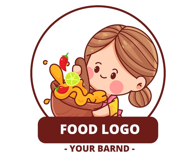 Happy cute chef with papaya salad logo hand drawn cartoon art illustration