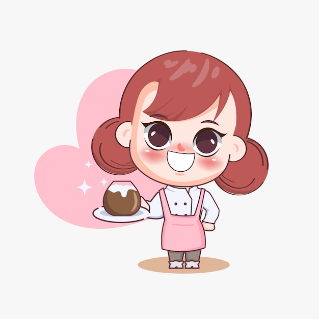 Happy cute girl barista serving cappuccino cartoon art illustration
