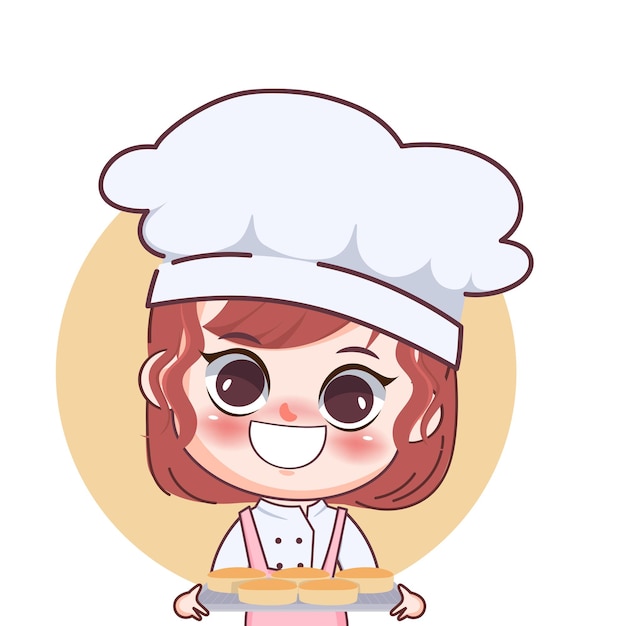Free vector happy cute girl chef baking egg cake cartoon art illustration
