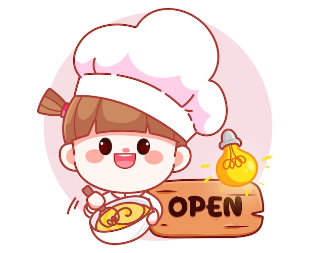 Happy cute girl chef cooking bakery banner logo cartoon art illustration