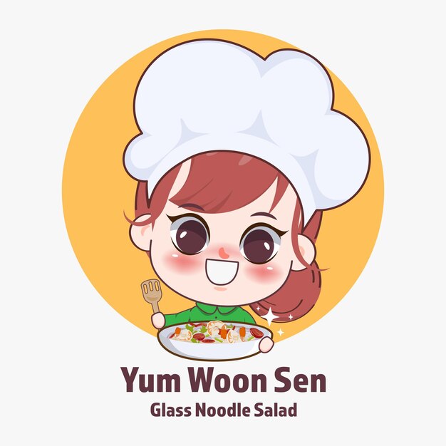 Happy cute girl chef cooking Glass noodle salad Thai food cartoon art illustration