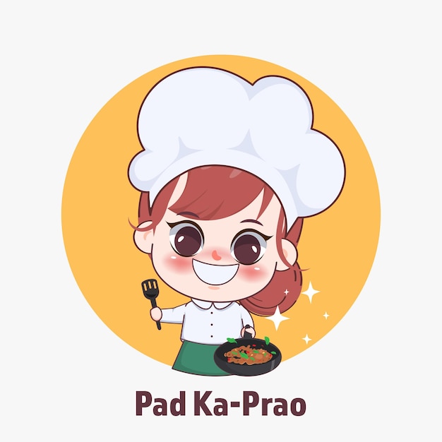 Free vector happy cute girl chef cooking thai food cartoon art illustration