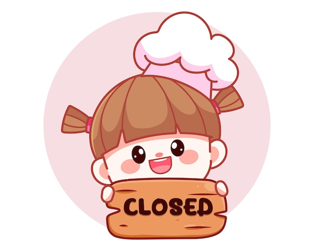 Free vector happy cute girl chef holding closed sign banner logo cartoon art illustration