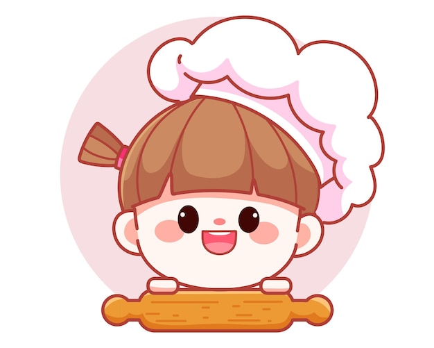 Happy cute girl chef holding kitchen wooden rolling pin banner logo cartoon art illustration