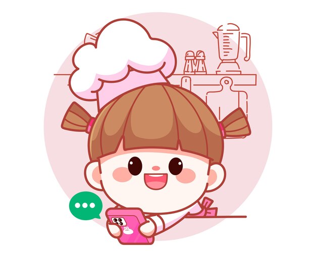 Happy cute girl chef holding mobile phone and Talk to customers banner logo cartoon art illustration