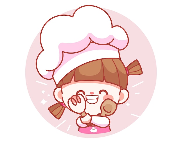 Happy cute girl chef holding spatula and Whisk banner logo cartoon art illustration