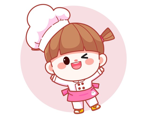 幸せなかわいい女の子シェフ立って笑顔のバナーロゴ漫画アートイラスト