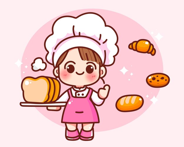 빵 요리 빵집 음식 로고 만화 손으로 그린 만화 예술 그림을 들고 행복 한 귀여운 소녀 요리사 유니폼