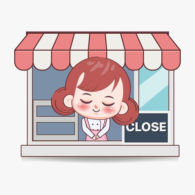 Happy cute girl chef with close sign banner logo cartoon art illustration