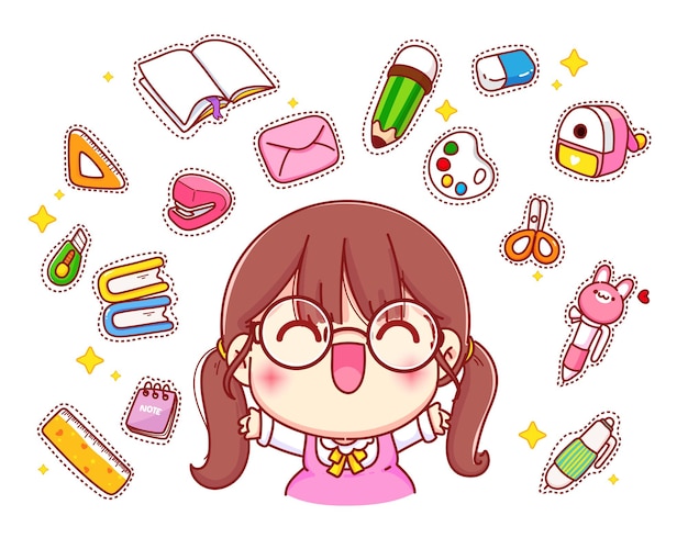 キャラクターかわいい女の子イラストセット プレミアムベクター