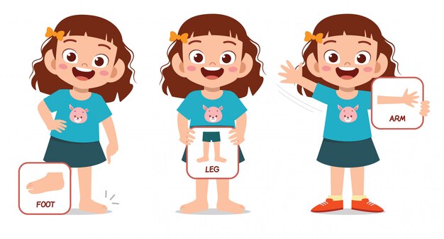 幸せなかわいい子供の女の子の体の部位の解剖学 プレミアムベクター
