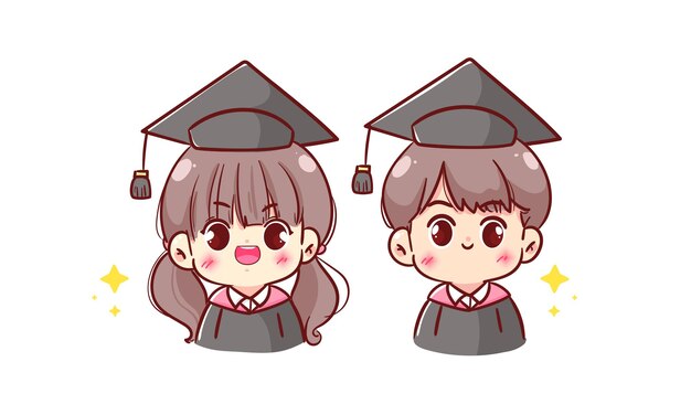 Happy cute kid girl kawaii children in graduation gown and cap at graduation ceremony hand drawn cartoon character illustration