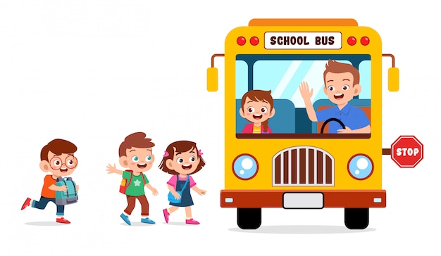 버스로 학교에가는 행복한 귀여운 아이들