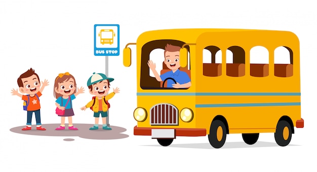 Happy cute kids wait school bus with friends