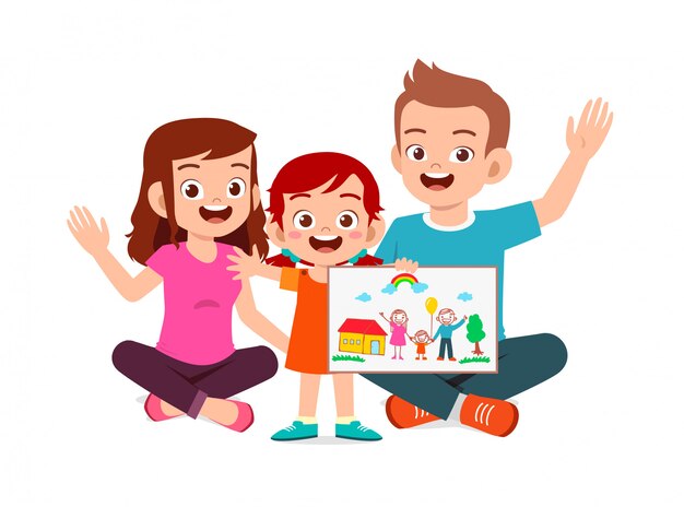 Premium Vector Happy Cute Little Kid Boy And Girl Draw With Crayon On Paper Premium Vector Happy Cute Little Kid Boy And Girl Draw With Crayon On Paper