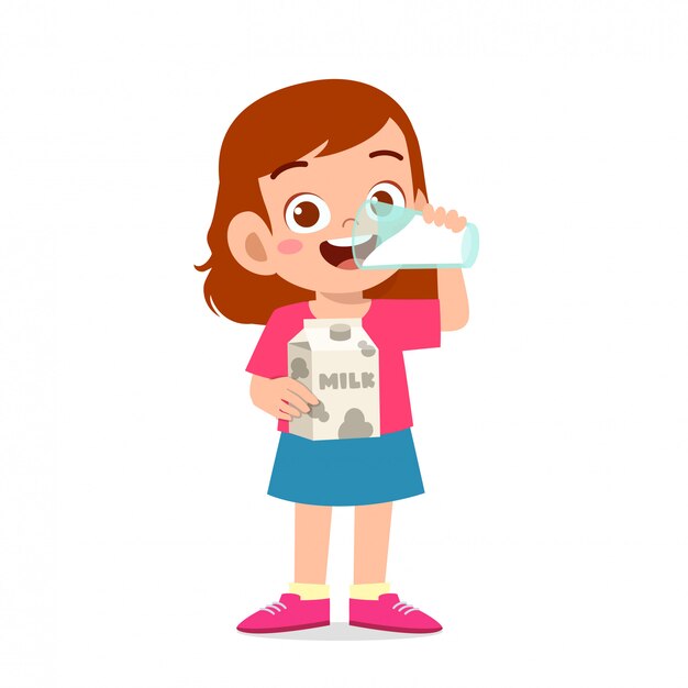 幸せなかわいい小さな子供の女の子が牛乳を飲む プレミアムベクター