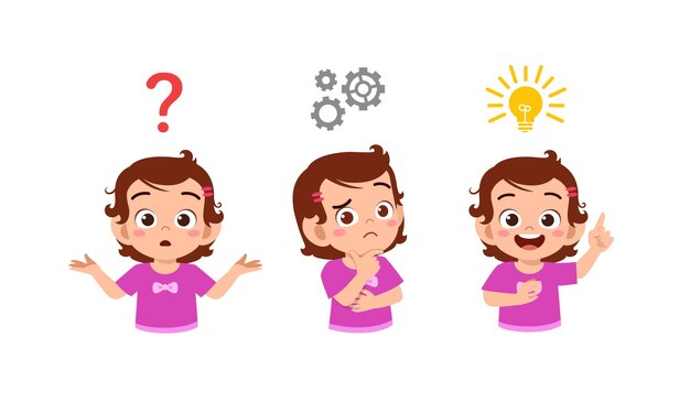 幸せなかわいい小さな子供の女の子の思考とアイデアのプロセスを検索 プレミアムベクター