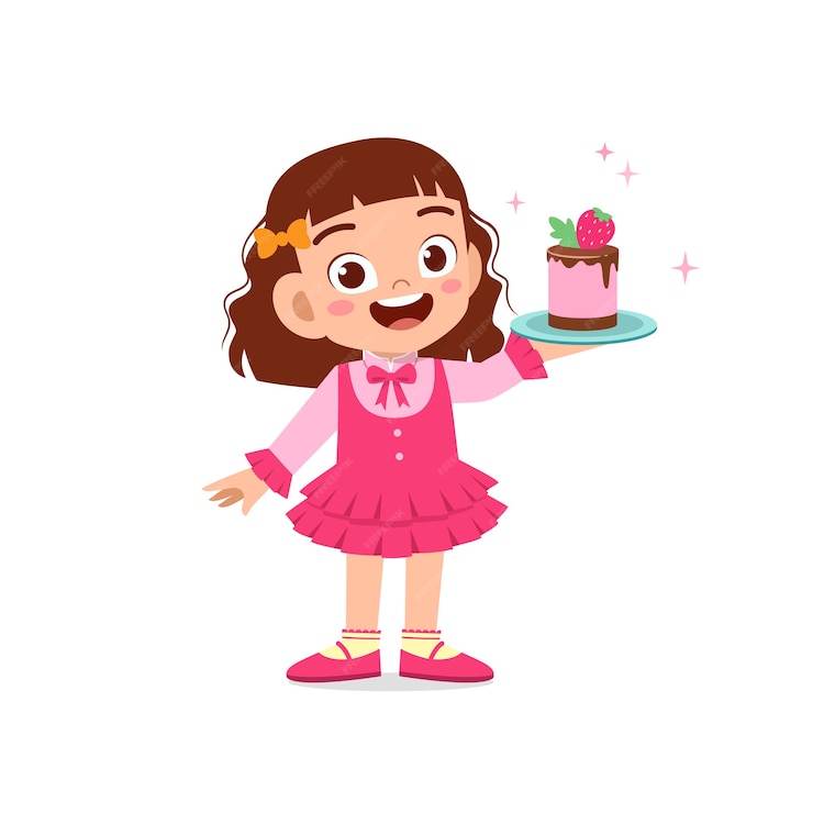  Happy cute little kid girl wearing waiter uniform and holding birthday cake Premium Vector