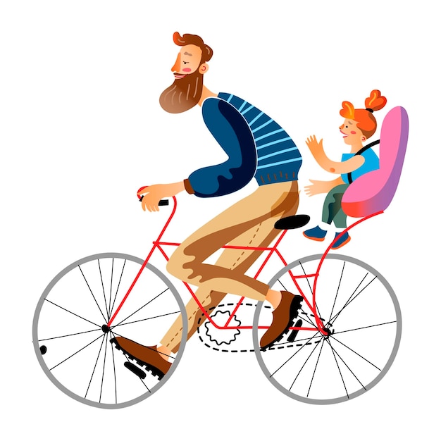 Бесплатное векторное изображение Счастливый папа, езда на велосипеде, веселый ребенок на велосипеде, отдых на свежем воздухе, семейный спорт, активный образ жизни, здоровый активный отдых.