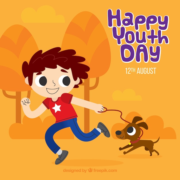 Happy day youth background with boy playing with his dog