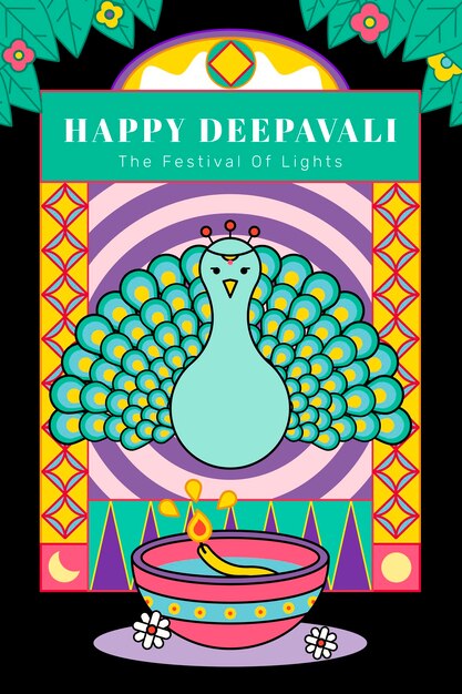 ハッピーディーパバリ、孔雀のベクトルと光の祭典のグリーティングカード