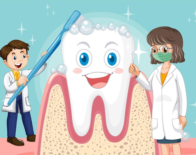 Free vector happy dentist brushing and take care a big tooth on blue backgro