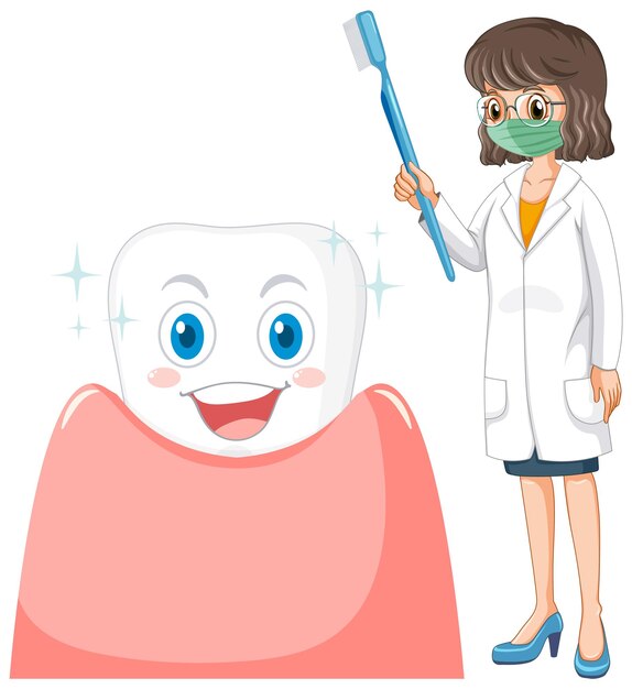 Happy dentist holding toothbrush with a big tooth on white backg