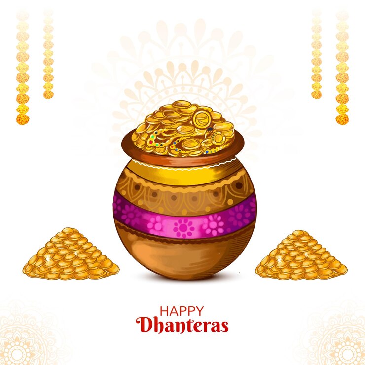 मुफ़्त वेक्टर पॉट फेस्टिवल बैकग्राउंड में गोल्ड कॉइन के लिए शुभ धनतेरस का उत्सव