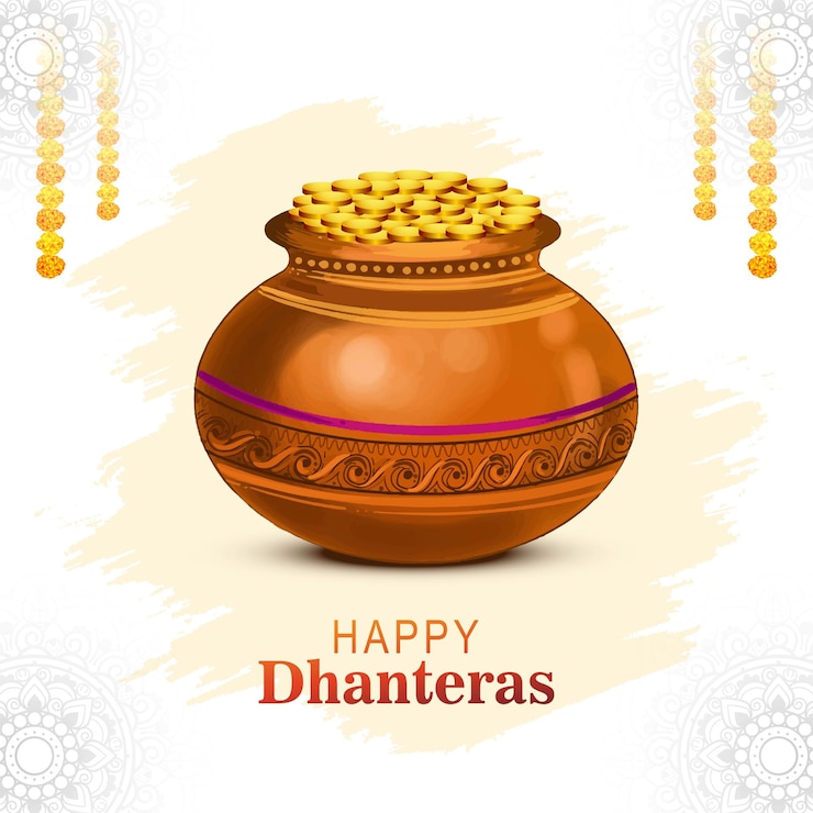 मुफ़्त वेक्टर पॉट फेस्टिवल बैकग्राउंड में गोल्ड कॉइन के लिए शुभ धनतेरस का उत्सव
