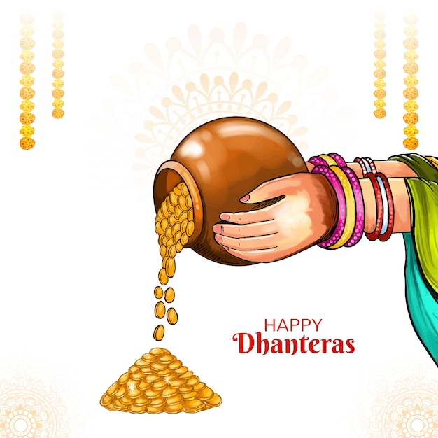 Vettore gratuito felice celebrazione di dhanteras per la moneta d'oro nel design della carta festival in vaso