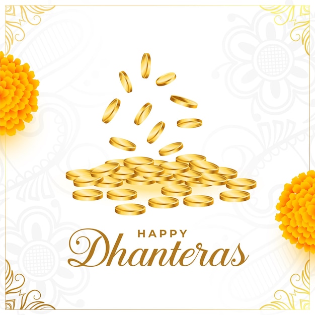 Happy dhanteras event background with golden coin and marigold flower vector