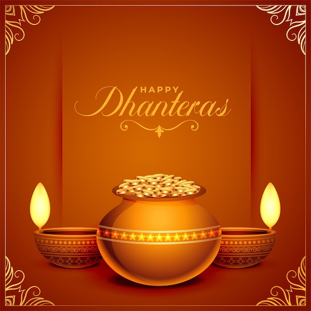 Бесплатное векторное изображение Открытка фестиваля счастливого дхантераса с горшком с золотыми монетами и вектором масла дия