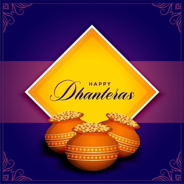 Free vector happy dhanteras festival card with golden coins pot