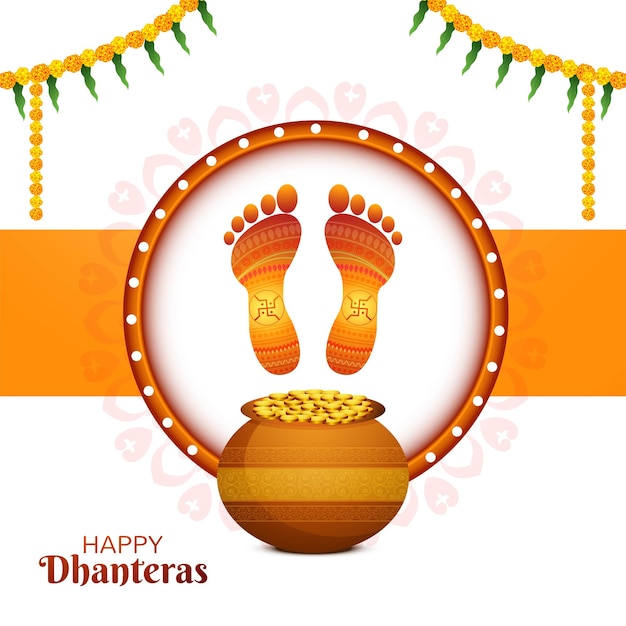 Vettore gratuito buona festa di dhanteras per la dea maa lakshmi charan o paduka design della carta