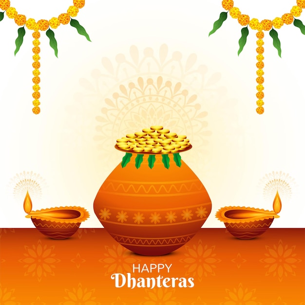 Happy dhanteras golden coin pot and diya celebration background