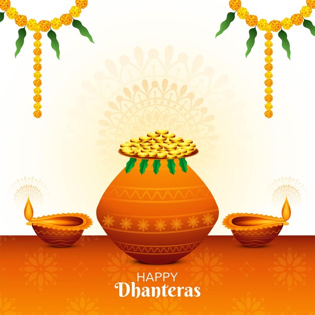 happy dhanteras golden coin pot and diya celebration background