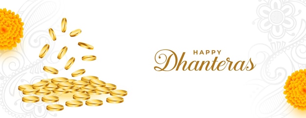 Vettore gratuito banner di saluto felice dhanteras con moneta d'oro e vettore di disegno floreale