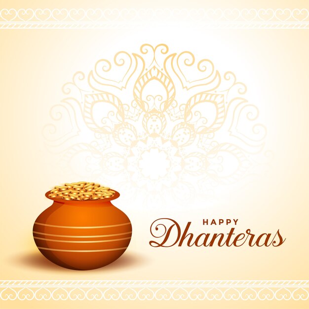 Happy dhanteras greeting with golden coins pot