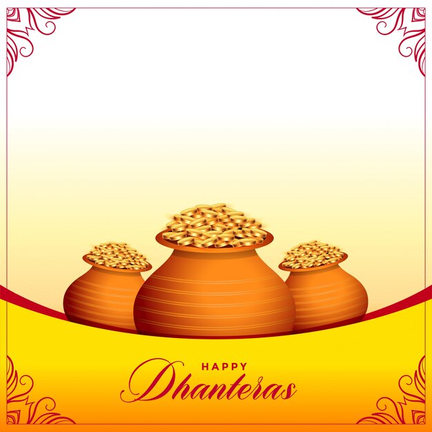 Happy dhanteras hindu festival banner with gold coin pots