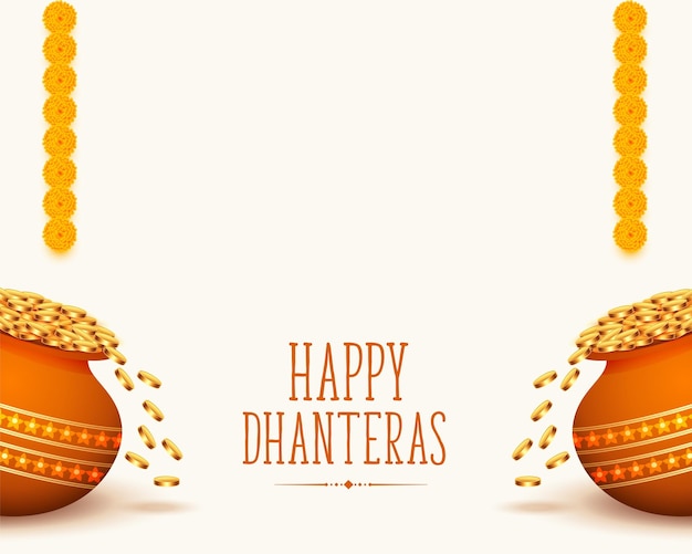 Free vector happy dhanteras holiday background with golden coin kalasha and floral