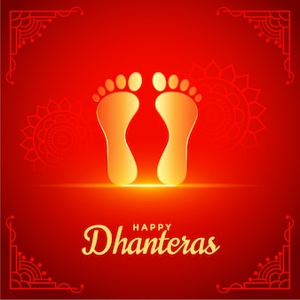 Happy dhanteras red background with golden god feet foot print