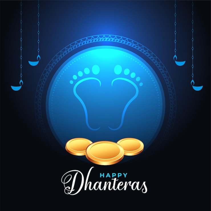 मुफ़्त वेक्टर देवी पैरों और सोने के सिक्के के डिजाइन के साथ हैप्पी धनतेरस धार्मिक पृष्ठभूमि