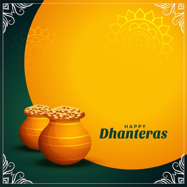 Vettore gratuito felice dhanteras desidera carta con pentola di monete d'oro