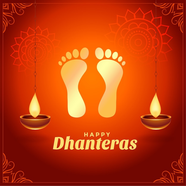 Auguri di dhanteras felici con impronte di piedi dorati