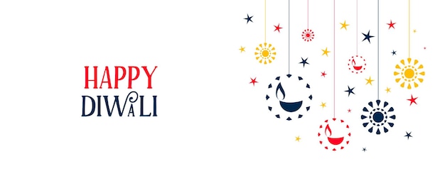 Banner di diwali felice con diya piatto colorato e stelle