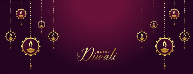 Happy diwali banner with decorative golden diya art