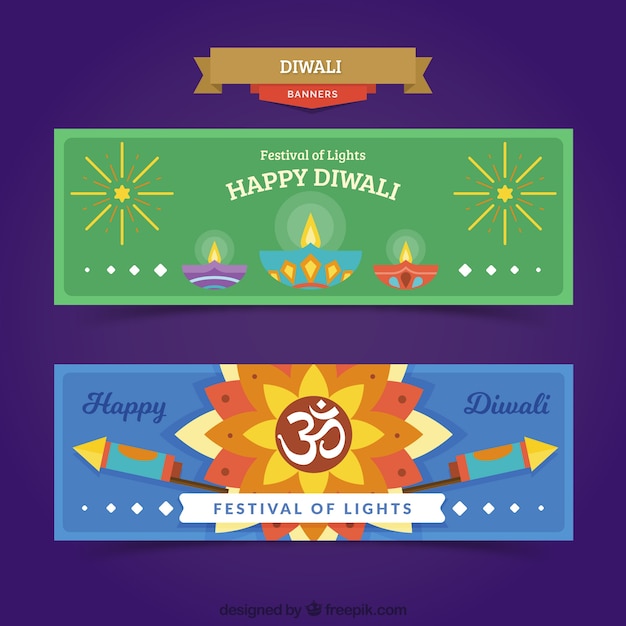 Happy diwali banners with lamps and rockets