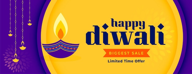 Free vector happy diwali biggest sale banner with artistic diya