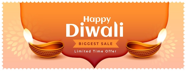 Free vector happy diwali biggest sale banner with realistic diya