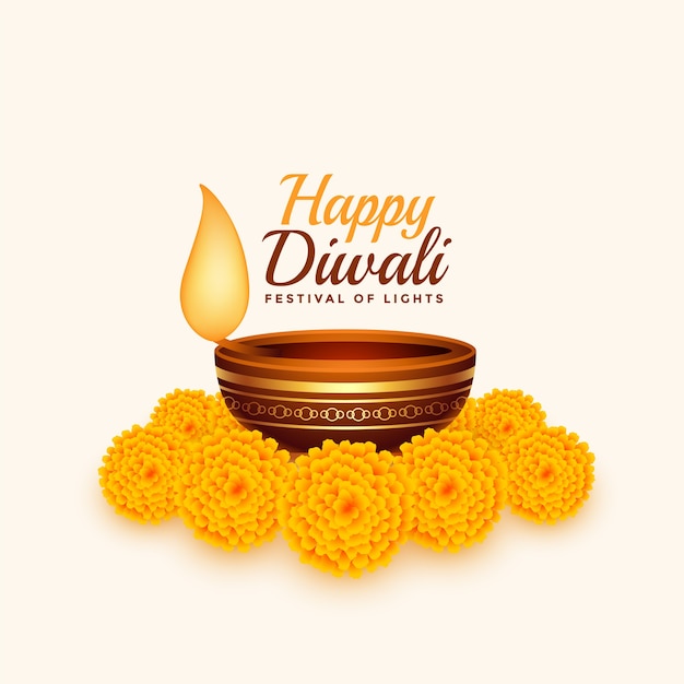 Free vector happy diwali card with diya and marigold flower